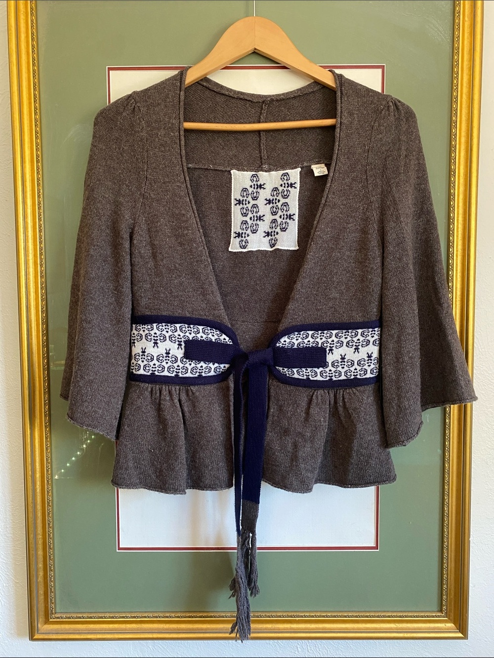Warm Gray Peplum Tie-Front Sweater with Navy Trim